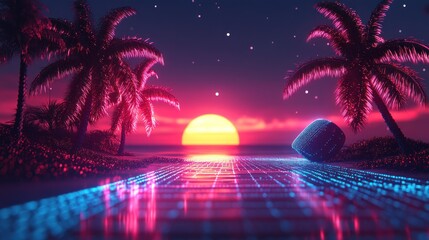 Neon pink and blue gridlines stretching into a dark horizon with a glowing sunset and pixelated palm trees, evoking a retro 80s feel