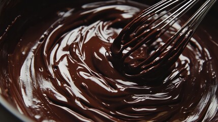 A close-up of a whisk stirring melted chocolate in a bowl, with the dark liquid swirling in abstract, marbled patterns under soft lighting