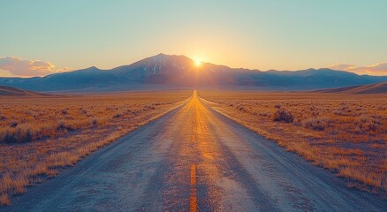 Fototapeta premium Long road leading through desert plains toward distant mountains at sunset with golden light Generative AI