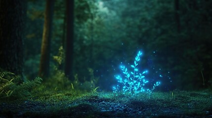 Obraz premium Glowing Bioluminescent Plants in a Dark Forest