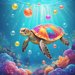 Animate a gummy turtle gliding slowly through a sparkling gummy ocean