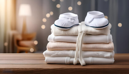 Stack of soft baby clothes with adorable white booties on top, set against a blurred, cozy background. Perfect for conveying warmth and comfort in a nursery or parenting theme.