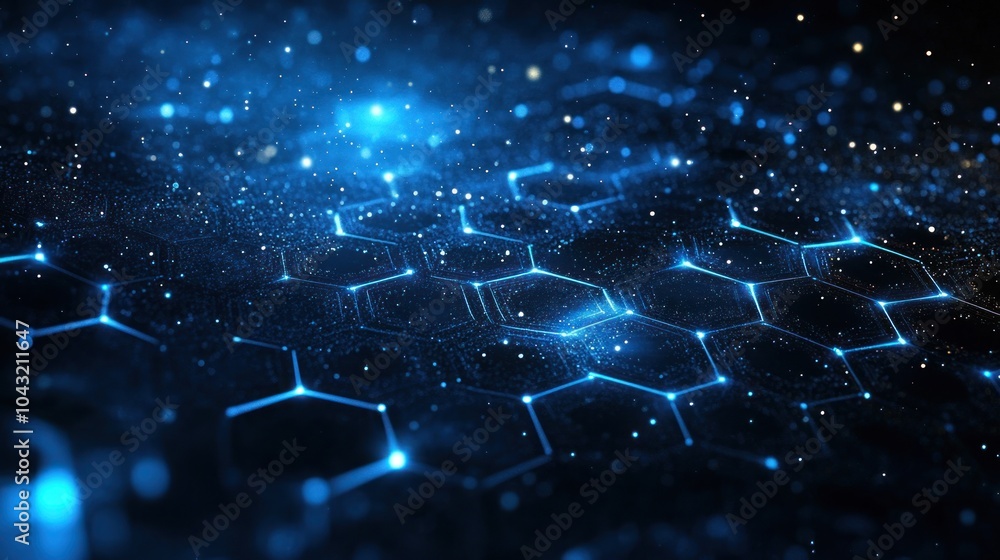 Poster abstract glowing hexagonal grid in electric blue, fading into a deep black background for a sci-fi f