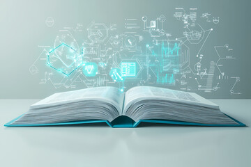 3D illustration of a large open book creatively transformed into medical technology and healthcare innovation