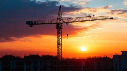 Sunset construction scene, as a crane installs roof panels on a residential home build.