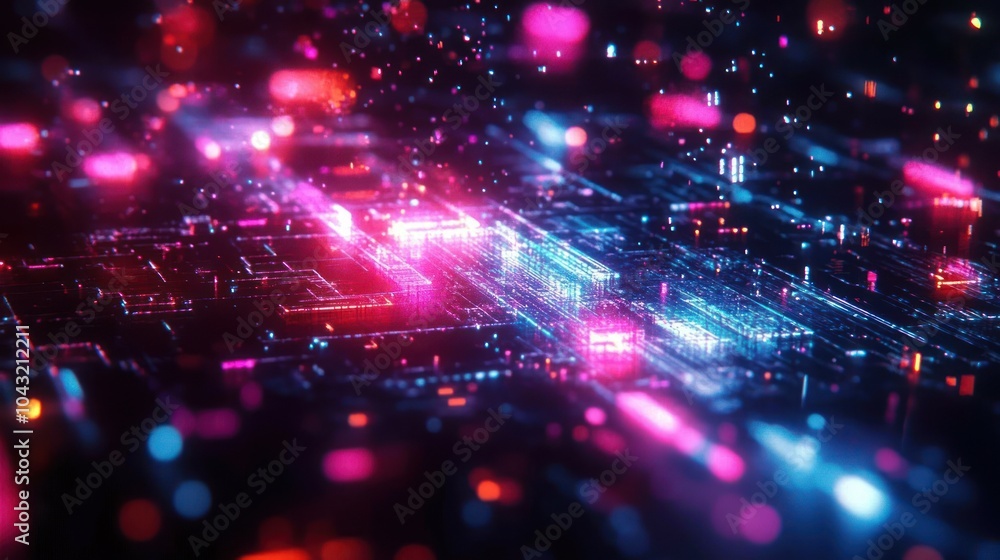 Poster fragmented neon grids with pixelated distortions and rgb splitting for a futuristic glitch effect