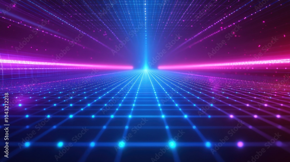 Poster glowing holographic grid of neon blue and purple lines floating in a dark space, creating a futurist