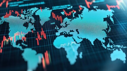 Obraz premium A digital world map overlaid with financial data and stock market trends.