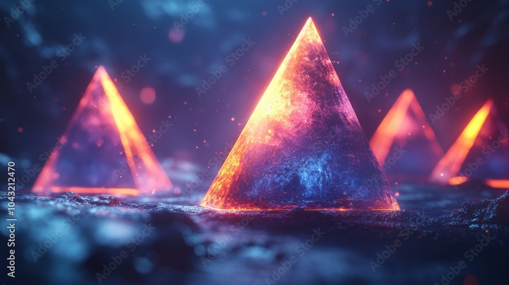Poster holographic geometric shapes floating in a black void with subtle reflections and glowing edges