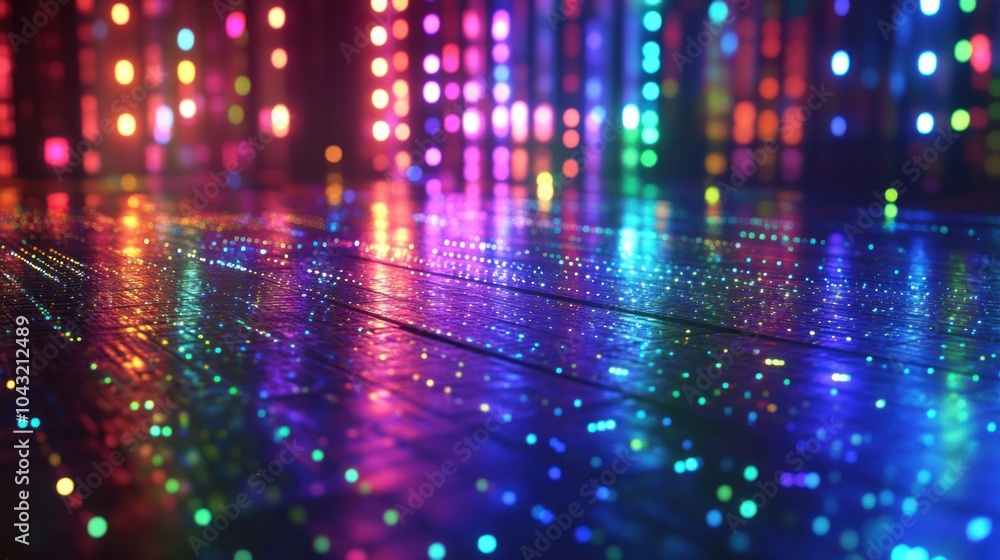 Wall mural holographic light patterns in rainbow colors reflecting across a glossy surface, giving a vibrant, h