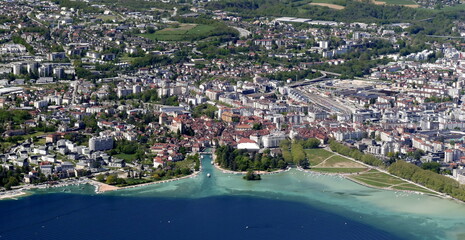 annecy lake and old town seen from mont veyrier and mont baron scenic hike on top of mountain in...