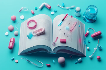 3D illustration of a large open book creatively transformed into medical technology and healthcare innovation