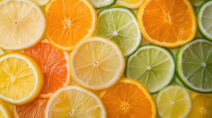 A macro image of citrus slices layered together, creating a colorful abstract design with the vibrant oranges, lemons, and limes overlapping in a bright, zesty pattern