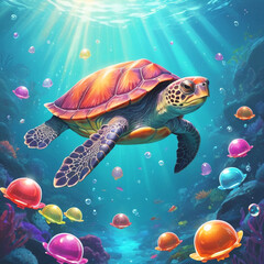 Animate a gummy turtle gliding slowly through a sparkling gummy ocean