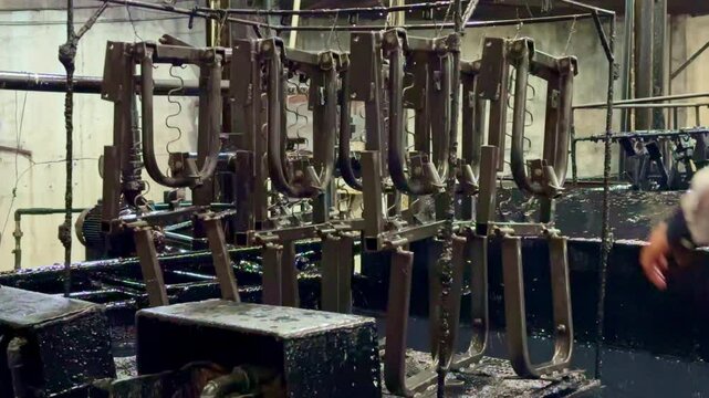 Electroplating process in industrial environment, close up view