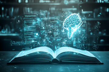 3D illustration of a large open book creatively transformed into medical technology and healthcare innovation