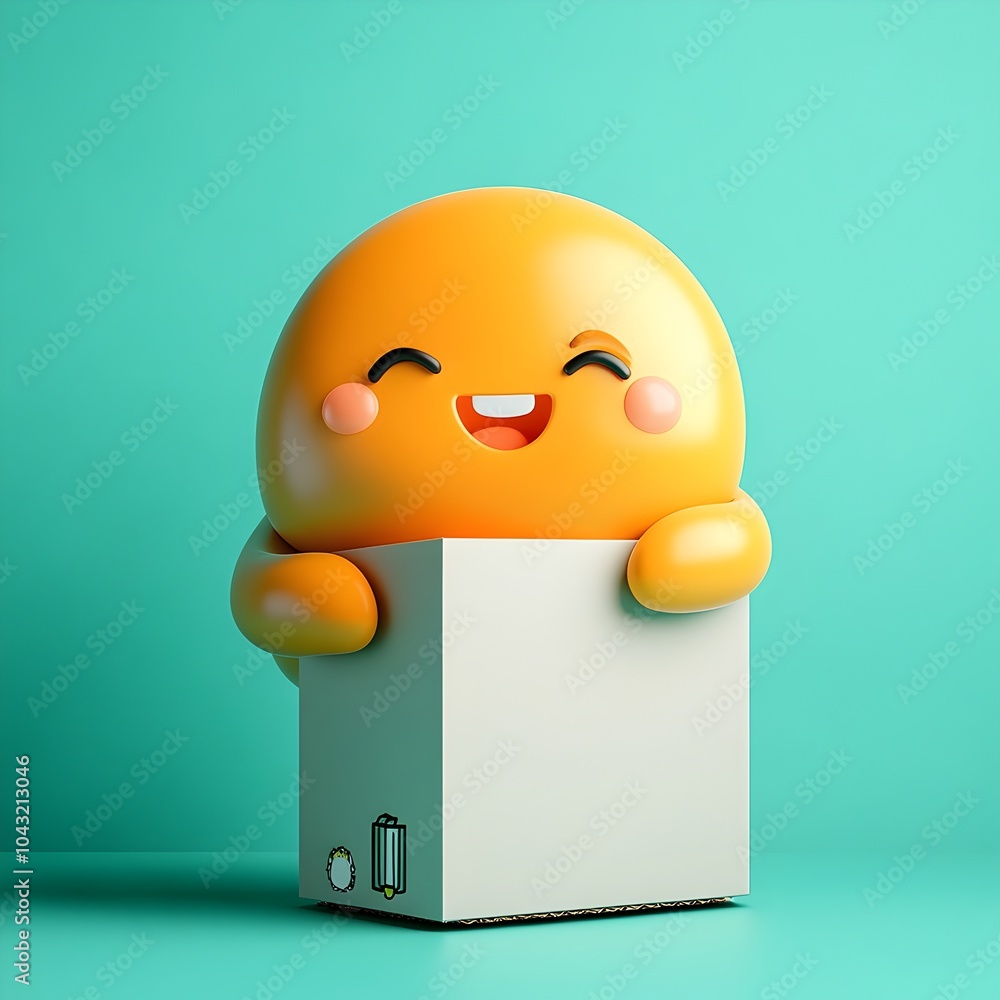 Poster cheerful and endearing anime style character hugging a plain cardboard box with delight suitable for