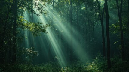 Obraz premium Sunlight filtering through a dense canopy of lush green trees in a serene forest