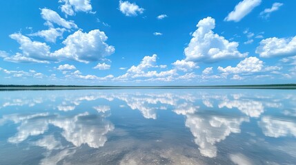 Wide open sky filled with soft, billowing clouds over a calm, reflective lake