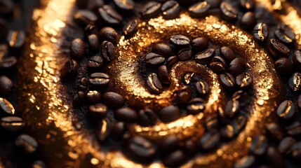 An abstract close-up of coffee beans cascading into a spiral, with rich, dark textures and golden...