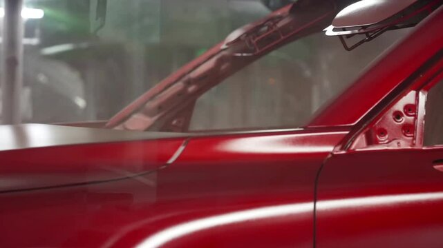 A close-up view of a robotic arm, its metallic arm extending towards a car body, the spray gun emitting a fine mist of paint as it moves in a rhythmic pattern