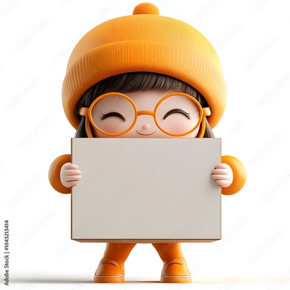 Poster enchanting 3d rendered cartoon character gripping a blank cardboard box with a whimsical and playful