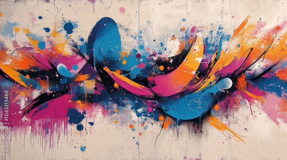 Poster bold graffiti-style art with splashes of color and abstract shapes creating an urban, edgy feel