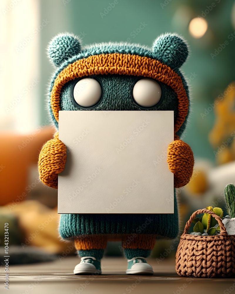 Poster whimsical animated figure embracing a blank paperboard box showcasing a playful and imaginative char
