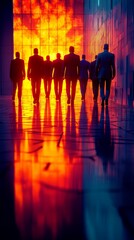 Fototapeta premium Silhouettes of Businessmen Walking Towards a Burning Wall
