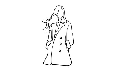 Girl in a coat continuous line art drawing isolated on white background. Vector illustration	 