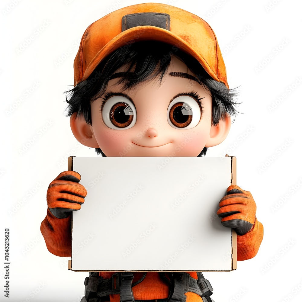 Aufkleber enchanting cartoon character with soft rounded features gripping a blank cardboard box against a pri