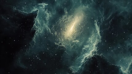 An abstract depiction of a distant galaxy shrouded in shadows, with glowing stars peeking through the darkness.