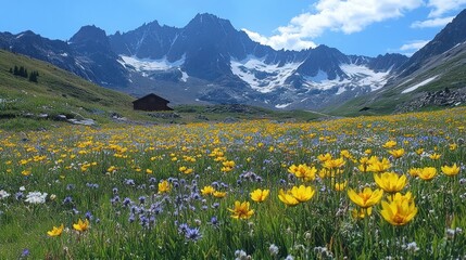 Fototapeta premium Colorful wildflowers blooming in a meadow beneath towering snow-capped mountains