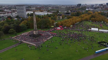 City location, Nelson Monument memorial, 10k race competitors, aerial