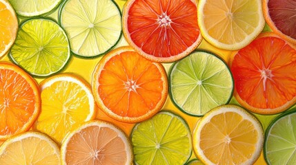 Obraz premium A macro image of citrus slices layered together, creating a colorful abstract design with the vibrant oranges, lemons, and limes overlapping in a bright, zesty pattern