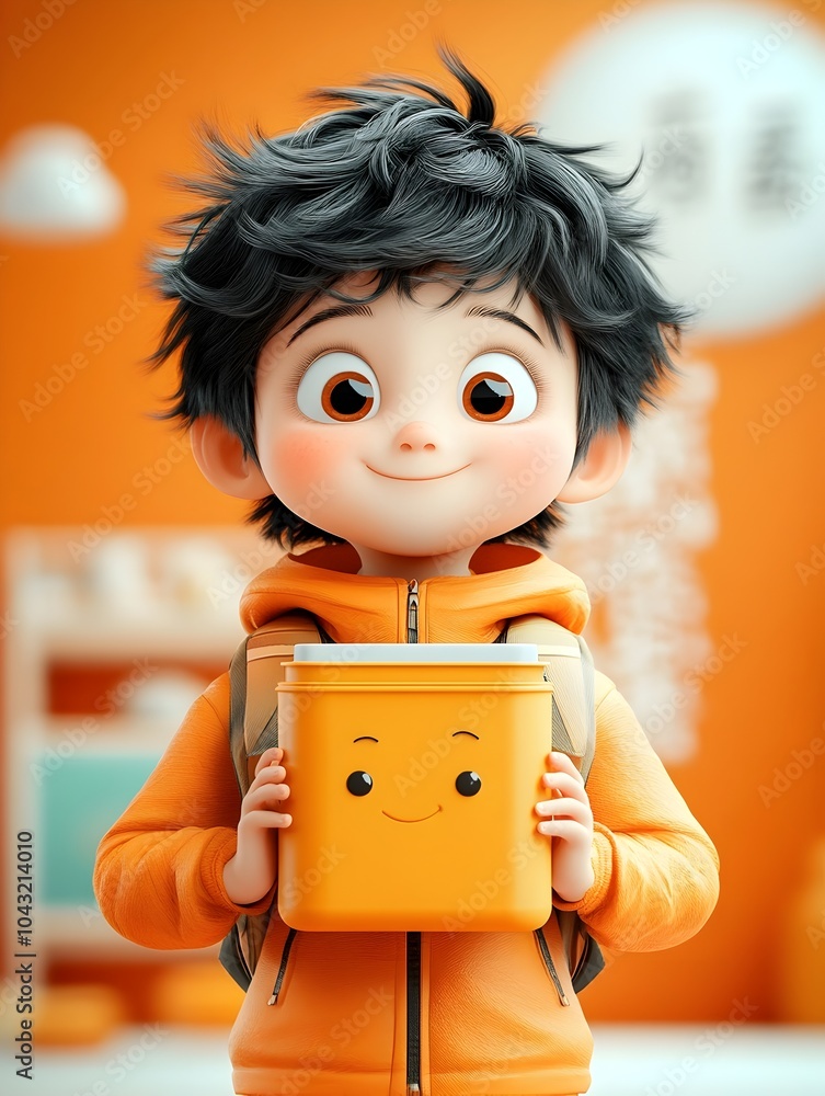 Poster enchanting 3d rendered cartoon character with whimsical and playful expression holding a simple rect