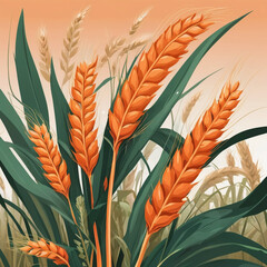 Golden wheat stalks sway gently against a vibrant orange sunset sky