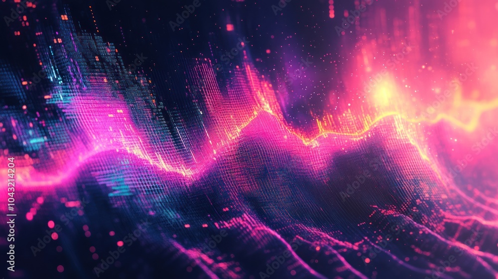 Poster glitchy digital wave patterns with colorful pixelation and screen tearing effects in a cyberpunk col