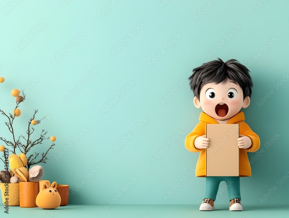 Poster lovable animated figure gripping a simple cardboard container conveying a sense of wonder and excite