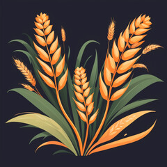 Golden wheat stalks sway gently against a vibrant orange sunset sky