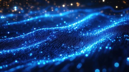Obraz premium Glowing blue binary code flowing diagonally across a dark background, creating a futuristic digital effect