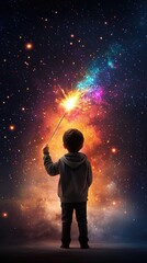Naklejka premium A child stands against a cosmic backdrop, wielding a magic wand that creates vibrant, colorful sparks in the starry universe.