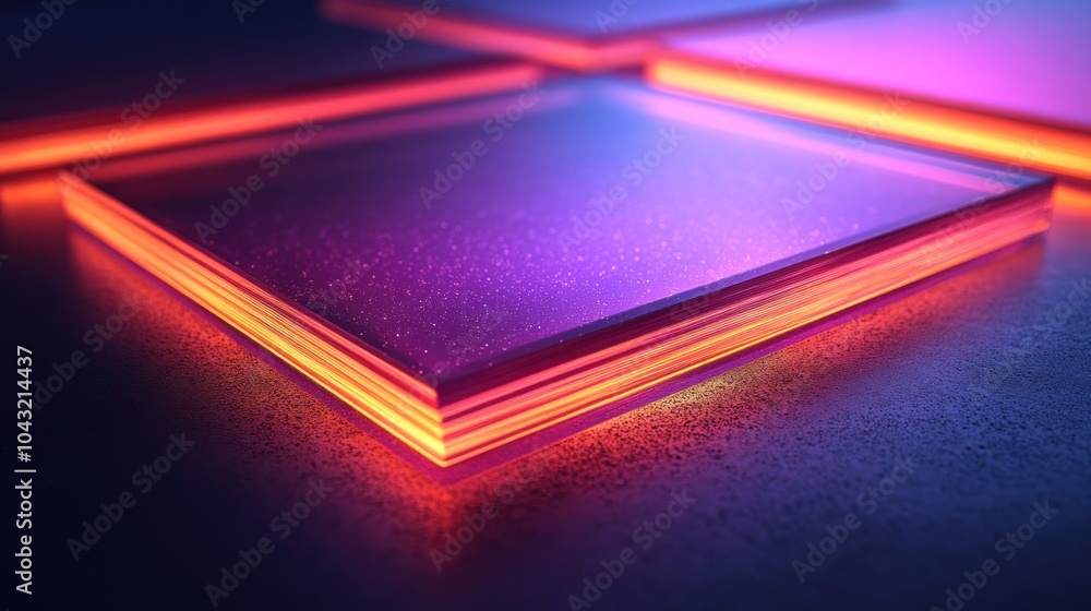 Poster layered translucent holographic panels with glowing edges and soft reflections on a dark gradient su
