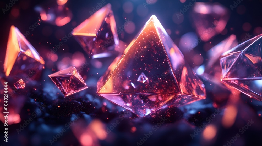 Poster holographic geometric shapes floating in a black void with subtle reflections and glowing edges