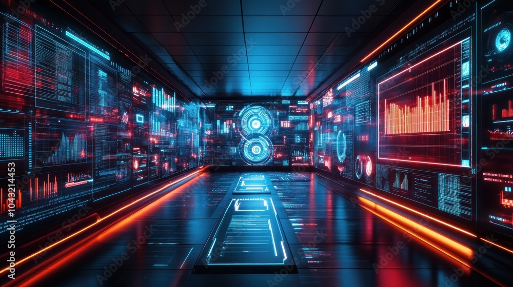 Poster high-tech holographic projections of data points and graphs, floating in a dark room with glowing ne