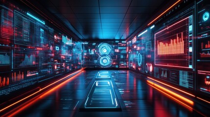 High-tech holographic projections of data points and graphs, floating in a dark room with glowing neon accents