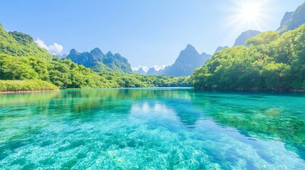 A serene landscape featuring clear turquoise waters, lush greenery, and majestic mountains under a bright blue sky.