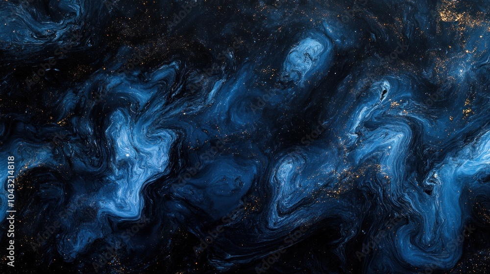 Poster rich black background with abstract dark blue swirling patterns and a faint glowing effect
