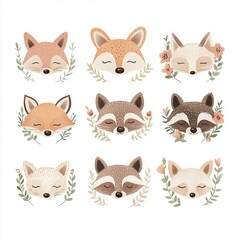 Fototapeta premium Cute and colorful animal illustrations featuring three different foxes and raccoons, surrounded by greenery and flowers.
