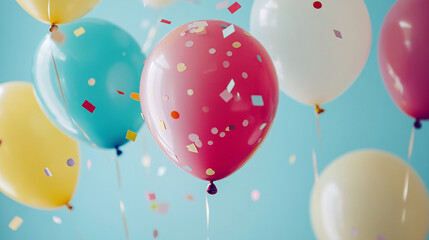 A bunch of colorful balloons filled with confetti floating in the air, great for celebrations or party themes